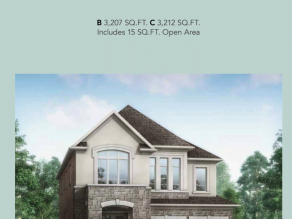 A real estate listing image featuring "The Bluebird 3," a two-story house with stone and brick exterior, arched door, large windows, and a double garage in the tranquil Enclave at Meadowlark. It includes information: B 3,207 sq. ft., C 3,212 sq. ft., and 15 sq. ft. open area.