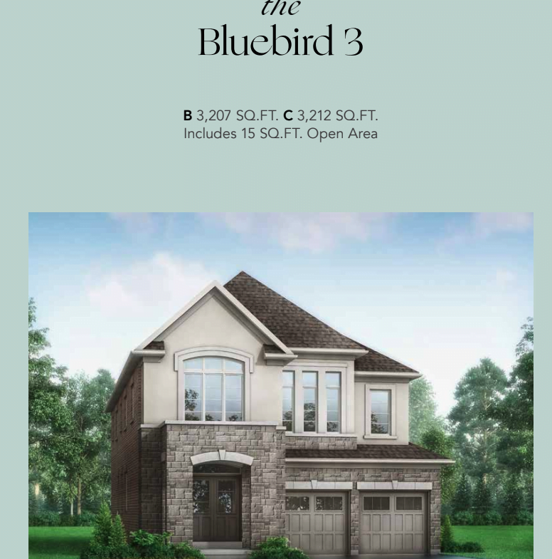 A real estate listing image featuring "The Bluebird 3," a two-story house with stone and brick exterior, arched door, large windows, and a double garage in the tranquil Enclave at Meadowlark. It includes information: B 3,207 sq. ft., C 3,212 sq. ft., and 15 sq. ft. open area.