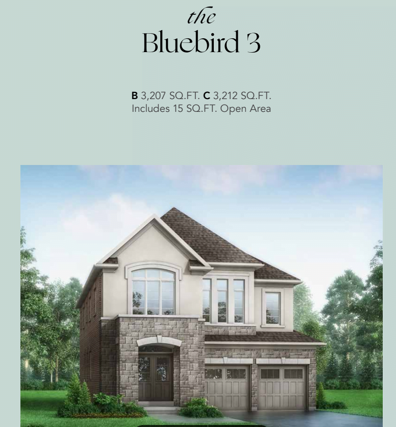 A real estate listing image featuring “The Bluebird 3,” a two-story house with stone and brick exterior, arched door, large windows, and a double garage in the tranquil Enclave at Meadowlark. It includes information: B 3,207 sq. ft., C 3,212 sq. ft., and 15 sq. ft. open area. A real estate listing image featuring "The Bluebird 3," a two-story house with stone and brick exterior, arched door, large windows, and a double garage in the tranquil Enclave at Meadowlark. It includes information: B 3,207 sq. ft., C 3,212 sq. ft., and 15 sq. ft. open area.