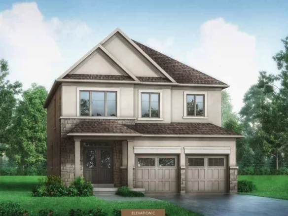 A two-story house in the Enclave community with a brown shingled roof, beige exterior walls, and stone accents around the front entrance and bottom half. The MEADOWLARK home features two large garage doors, several windows, and is surrounded by green lawns and trees. Text at the bottom reads "Elevation C".