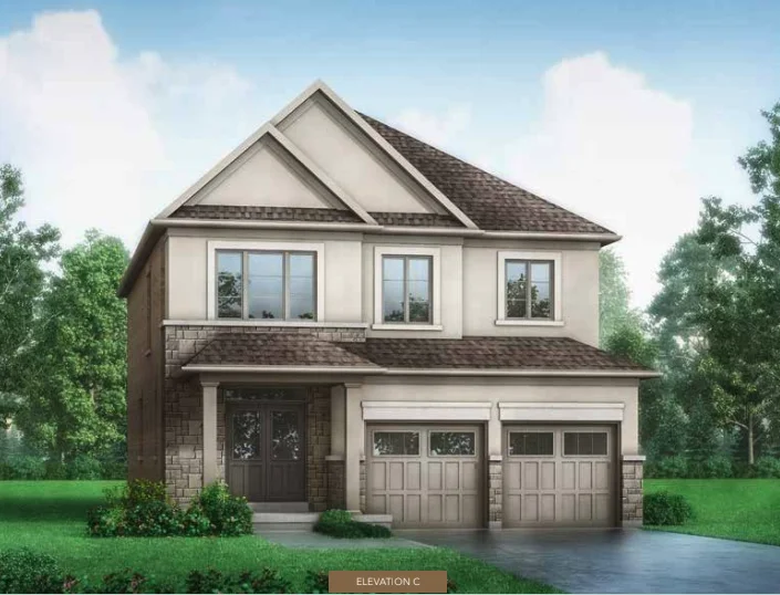 A two-story house in the Enclave community with a brown shingled roof, beige exterior walls, and stone accents around the front entrance and bottom half. The MEADOWLARK home features two large garage doors, several windows, and is surrounded by green lawns and trees. Text at the bottom reads "Elevation C".
