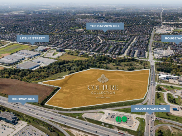 Aerial view of a large, undeveloped land parcel outlined in yellow with the label "Couture Collection by Caliber Fine Homes." Nearby, Legacy Hill is also visible along with landmarks like Highway 404, Major Mackenzie, Leslie Street, The Bayview Hill, and Rouge Woods.
