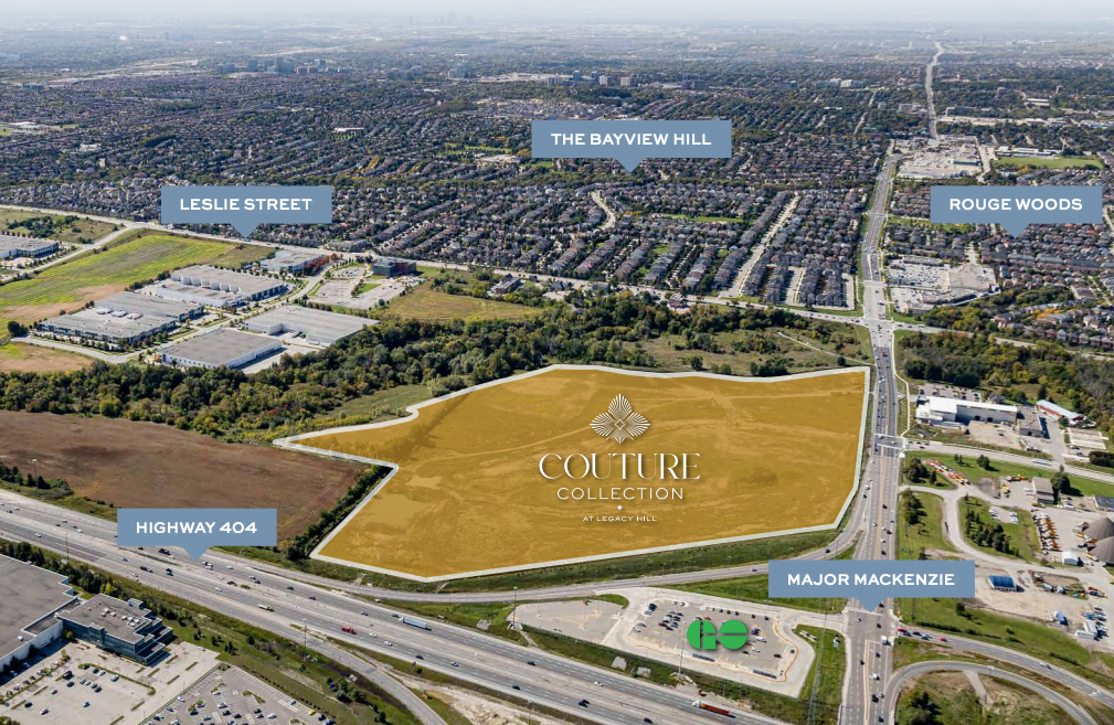 Aerial view of a large, undeveloped land parcel outlined in yellow with the label "Couture Collection by Caliber Fine Homes." Nearby, Legacy Hill is also visible along with landmarks like Highway 404, Major Mackenzie, Leslie Street, The Bayview Hill, and Rouge Woods.
