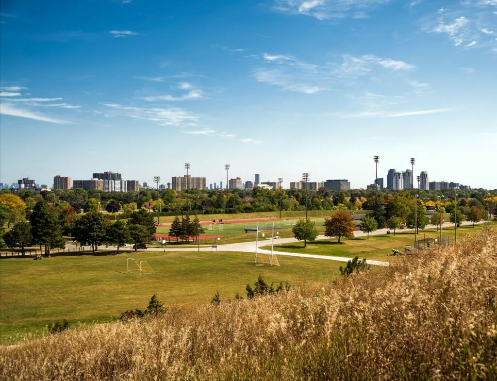A scenic view of The Clove features grassy fields, scattered trees, and a clear sky. Soccer goals are visible on the left and a running track is in the middle distance. Tall city buildings rise in the background under a bright blue sky.