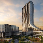 The Clove, a modern high-rise residential building with a unique, flowing design, stands majestically against a sunset sky. Surrounding the main tower are smaller buildings and lush greenery. The architecture features a mix of glass and concrete, emphasizing contemporary design.