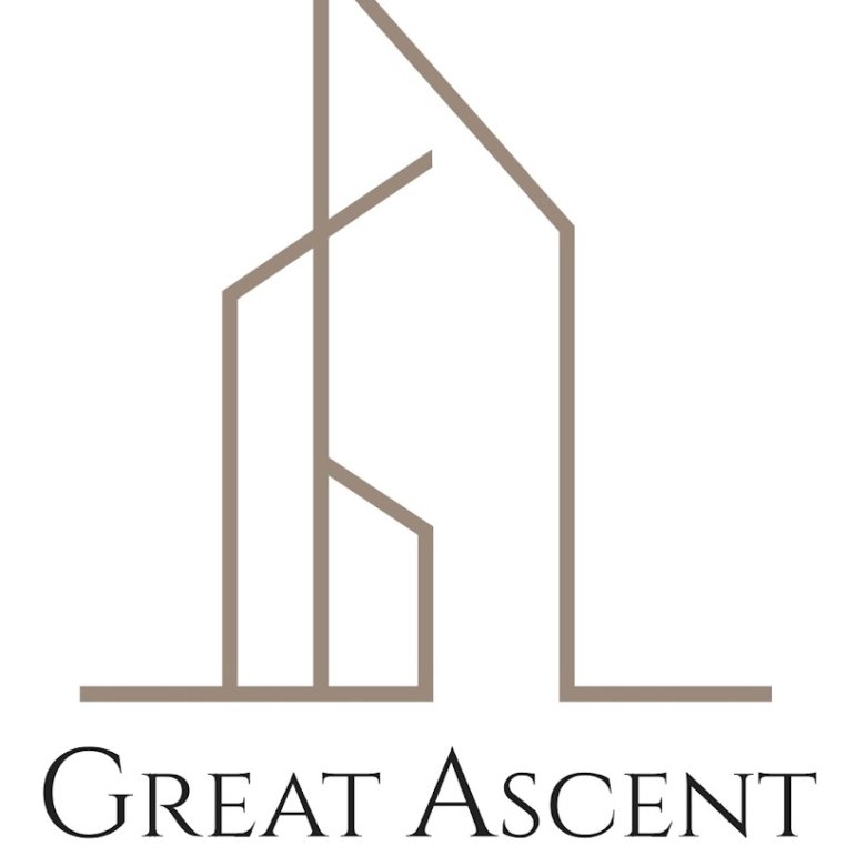 A minimalist logo for Great Ascent Homes features a stylized line drawing of a modern house, with brown lines forming a geometric structure. "Great Ascent Homes" is elegantly written in a sleek serif font below the graphic, emphasizing both sophistication and simplicity.