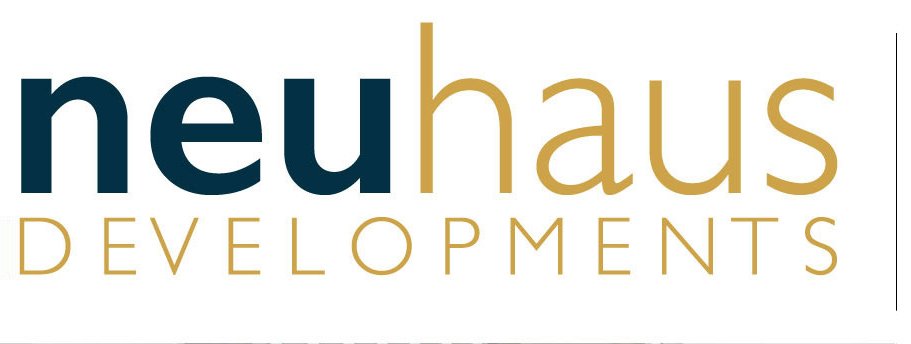 The image showcases the logo of Neuhaus Developments, a prominent name in property development. The word "neu" is in bold black, "haus" shines in gold, and "Developments" appears in gold uppercase letters beneath the unified "neuhaus" text. The background remains white, emphasizing the logo's elegance.