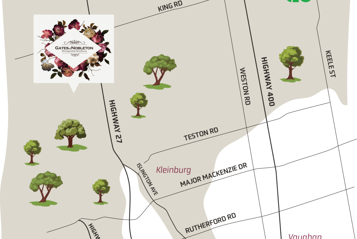 Gates of Nobleton A stylized map of Kleinburg featuring major roads like Highway 27, Highway 400, and Weston Road, with trees marked along the routes. The Gates of Nobleton is prominently labeled with a decorative floral motif, and the Metrolinx GO logo sits in the northeast corner.