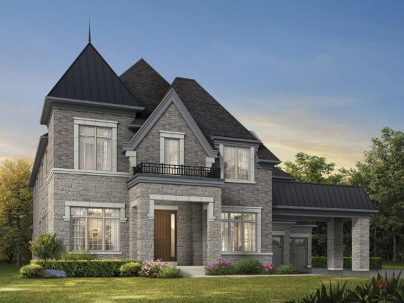 Gates of Nobleton A two-story stone house with a steep, dark gray roof is shown. It features large windows, a prominent front door, and an attached carport. Set in the prestigious Gates of Nobleton, the home boasts a well-maintained lawn with shrubs and flowers. The sky is clear, suggesting a sunny day.