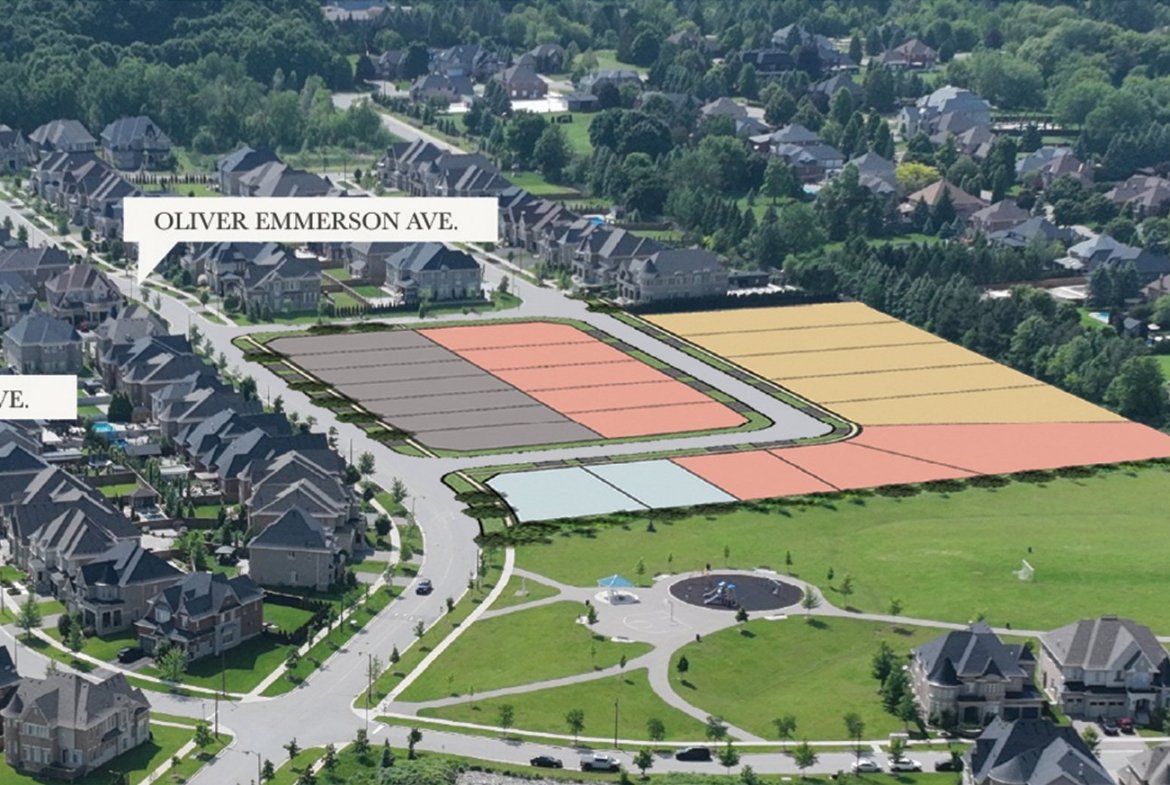 Tribute Communities An aerial view of the suburban neighborhood Gates of Nobleton shows streets labeled "Larkin Ave." and "Oliver Emmerson Ave." Rows of houses and designated plots of land, marked by different colors, are visible. Near the center is a park with a circular pathway.