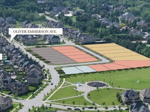 Tribute Communities An aerial view of the suburban neighborhood Gates of Nobleton shows streets labeled "Larkin Ave." and "Oliver Emmerson Ave." Rows of houses and designated plots of land, marked by different colors, are visible. Near the center is a park with a circular pathway.