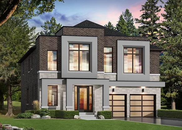 Located in the prestigious Upper Mayfield Estates, this modern two-story house boasts a sleek brick and stone facade, large windows, and a double garage. The front yard features manicured grass and trees, set against a backdrop of tall trees under the soft glow of a sunset sky.