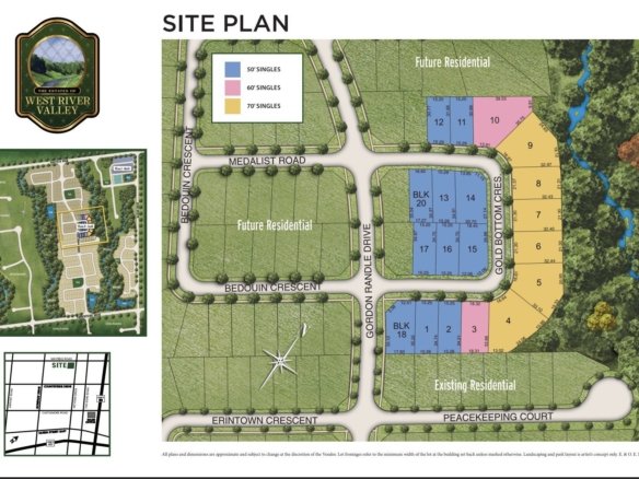 Site plan for West River Valley Estates neighborhood. Features lot layouts for single-family homes, future residential areas, roads, and existing residential zones. Includes area map and detailed block numbers.