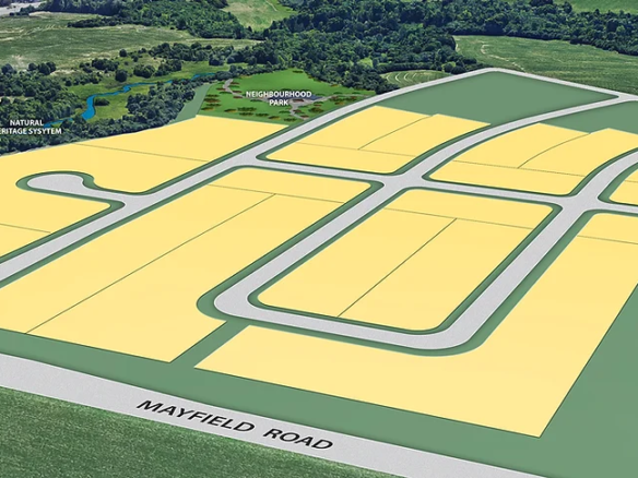 A 3D rendering of the planned Upper Mayfield Estates reveals plots outlined against lush green grass, bordered by trees and fields. A main road, "Mayfield Road," runs alongside, connecting areas designated for stormwater management and charming neighborhood parks.