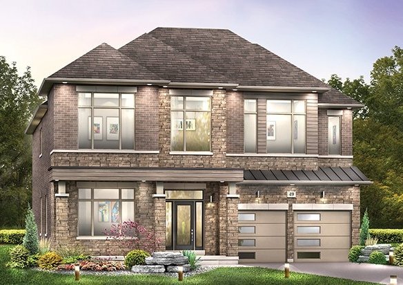 A modern two-story brick house in the West River Valley features large windows and a two-car garage. The yard boasts manicured gardens and a stone pathway. Surrounded by trees, the blue sky beautifully complements this Estates home's contemporary design.