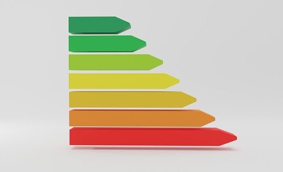 A graphical representation of energy efficiency levels shown as a horizontal bar chart. The bars are depicted in six colors from top to bottom: green, light green, yellow, light orange, orange, and red, indicating increasing levels of energy consumption.