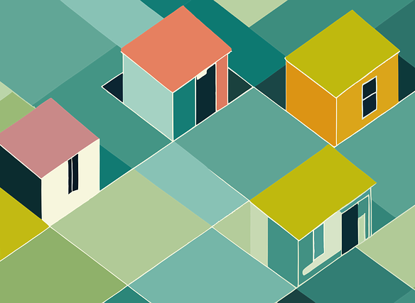 Abstract image of colorful, geometric houses placed on a grid of various green and teal squares. Each house is uniquely colored with shades of red, yellow, and blue, creating a vibrant, stylized landscape.