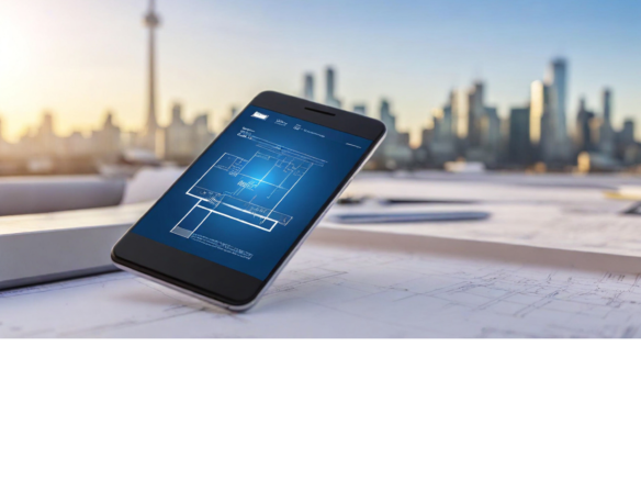 A smartphone displaying blueprints rests on architectural plans, signaling smart real estate decisions, with a city skyline in the background. Sunlight highlights the urban landscape, featuring a prominent tower against a blue sky.