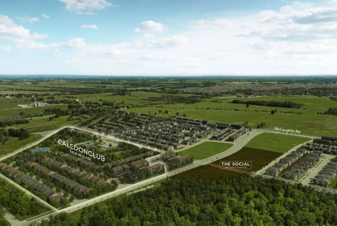Aerial view of a residential neighborhood surrounded by greenery, highlighting CALEDON CLUB, “The Social,” and nearby roads such as McLaughlin Rd and Tim Manley Ave, all set under a blue sky dotted with scattered clouds.