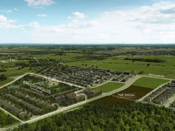 Aerial view of a residential neighborhood surrounded by greenery, highlighting CALEDON CLUB, “The Social,” and nearby roads such as McLaughlin Rd and Tim Manley Ave, all set under a blue sky dotted with scattered clouds.