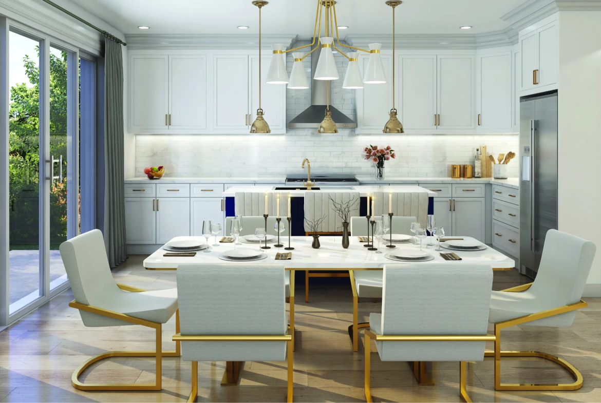 Modern kitchen and dining area at CALEDON CLUB, featuring white cabinetry, gold accents, a central dining table for six, large windows and glass doors for natural light, plus decorative lighting above the table and island.