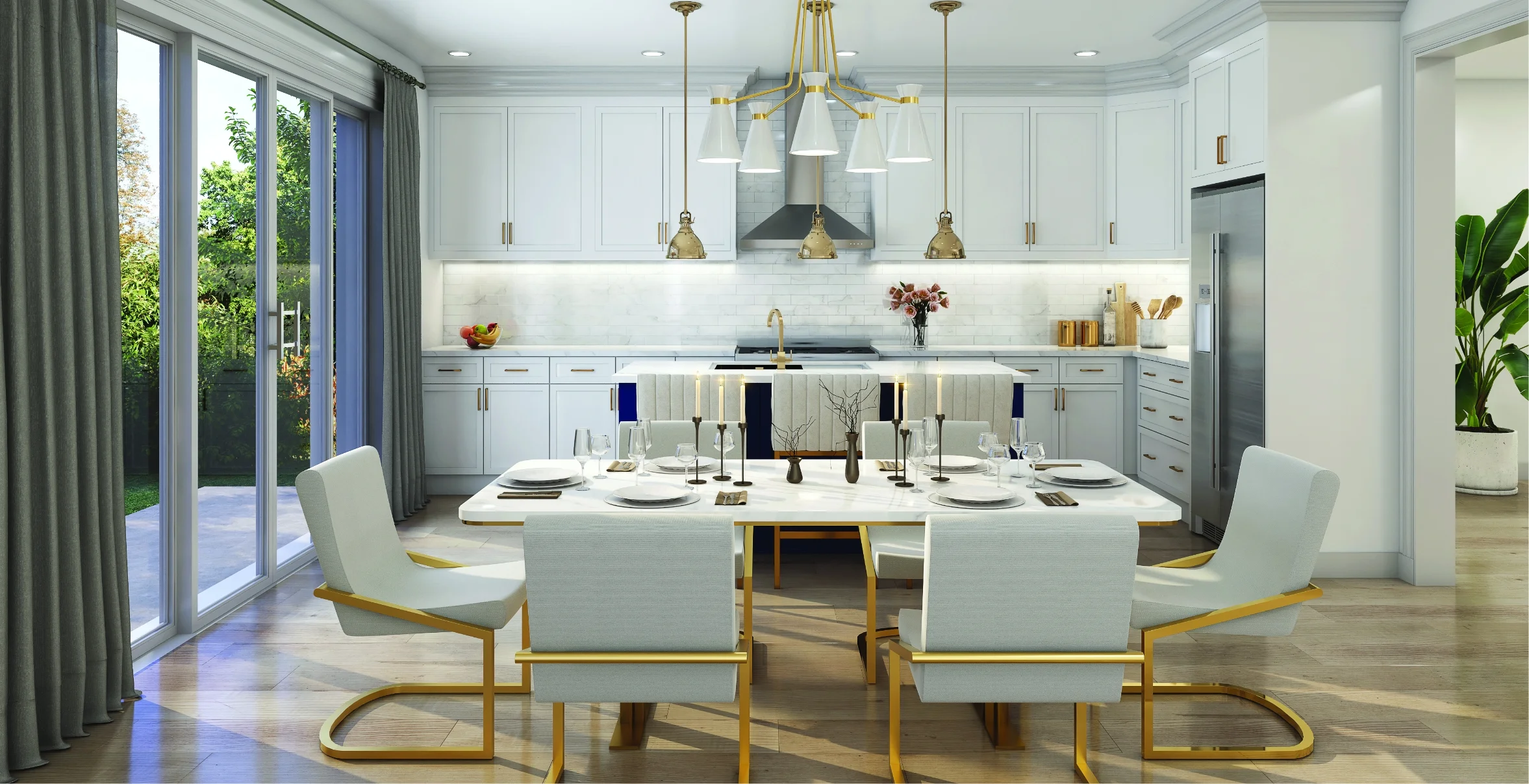 Modern kitchen and dining area at CALEDON CLUB, featuring white cabinetry, gold accents, a central dining table for six, large windows and glass doors for natural light, plus decorative lighting above the table and island.