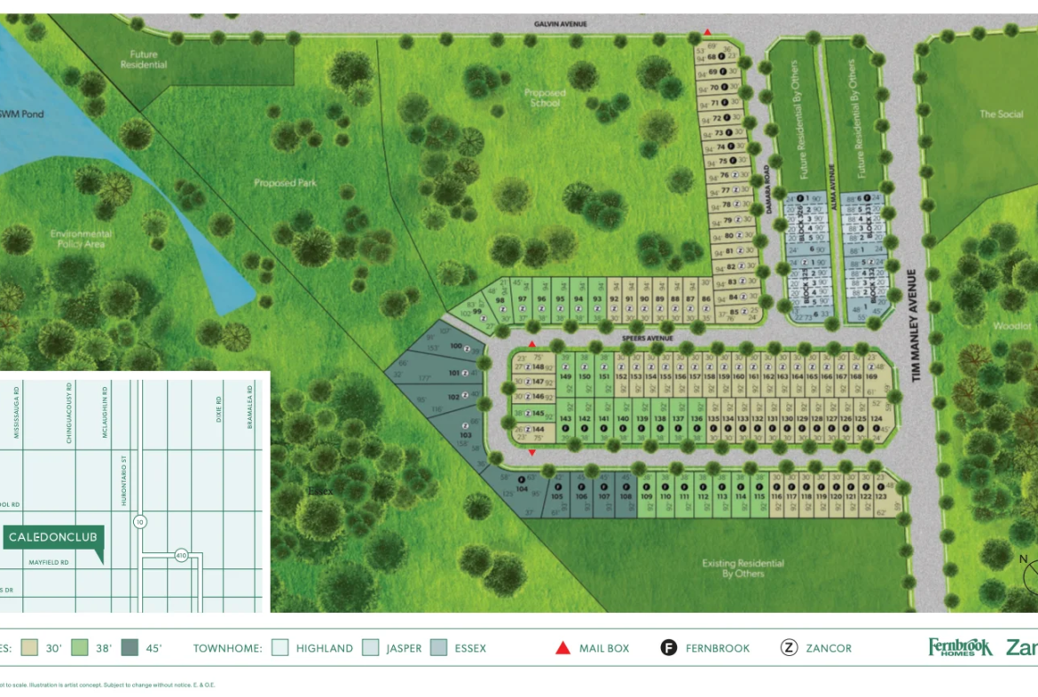 The Caledon Club site map displays residential lots, roads, green spaces, and a park area. Various lot types are color-coded, with a legend showing icons for singles, townhomes, mailboxes, and builders Fernbrook and Zancor.
