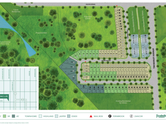 The Caledon Club site map displays residential lots, roads, green spaces, and a park area. Various lot types are color-coded, with a legend showing icons for singles, townhomes, mailboxes, and builders Fernbrook and Zancor.