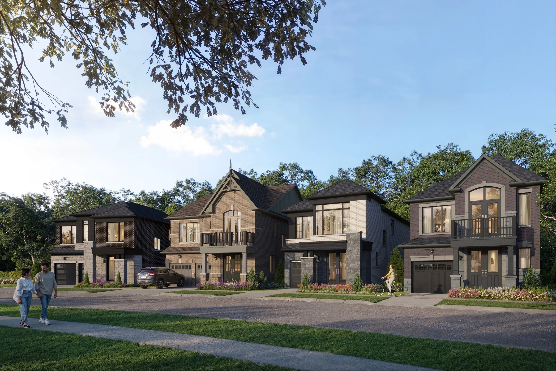 A row of modern two-story houses at Caledon Club features front lawns and driveways, surrounded by trees. Two people walk on the sidewalk, and a car is parked in one driveway under a clear, sunlit sky.
