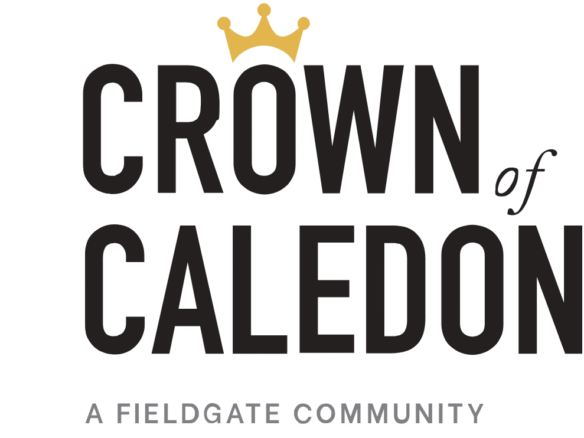 Logo featuring "CROWN of CALEDON" in bold letters, a gold crown above the "O" in "CROWN of Caledon," and "A Fieldgate Community" below in smaller font.