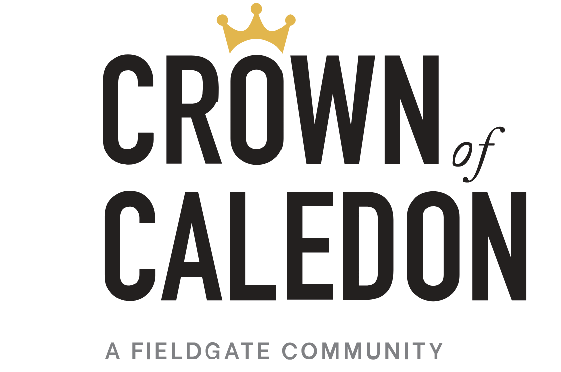 Logo featuring "CROWN of CALEDON" in bold letters, a gold crown above the "O" in "CROWN of Caledon," and "A Fieldgate Community" below in smaller font.