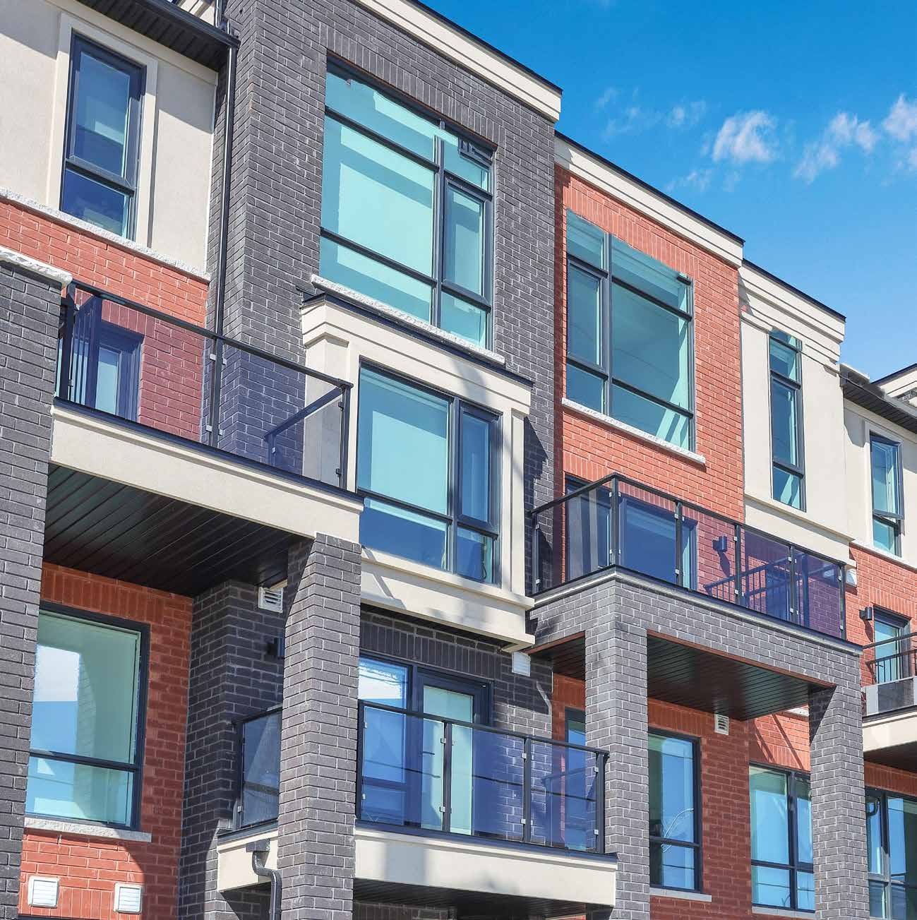 Countryside Urban Towns Modern Black Brick and Glass Balconies Exterior Rendering Brampton