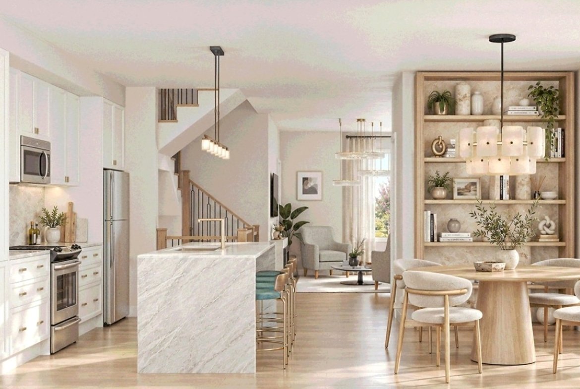 Spacious open-concept interior living and dining area in Elements Milton townhome