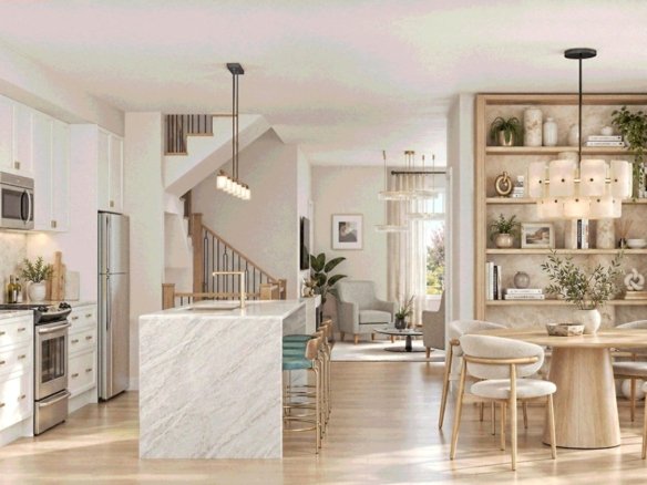 Spacious open-concept interior living and dining area in Elements Milton townhome