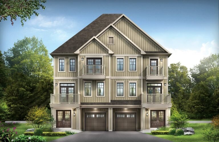 Spacious multi-level exterior elevation A for The Paris village townhome at Empire Canals