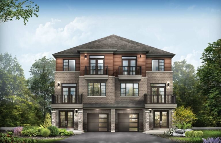 Distinctive exterior architectural elevation B for The Paris village townhome at Empire Canals