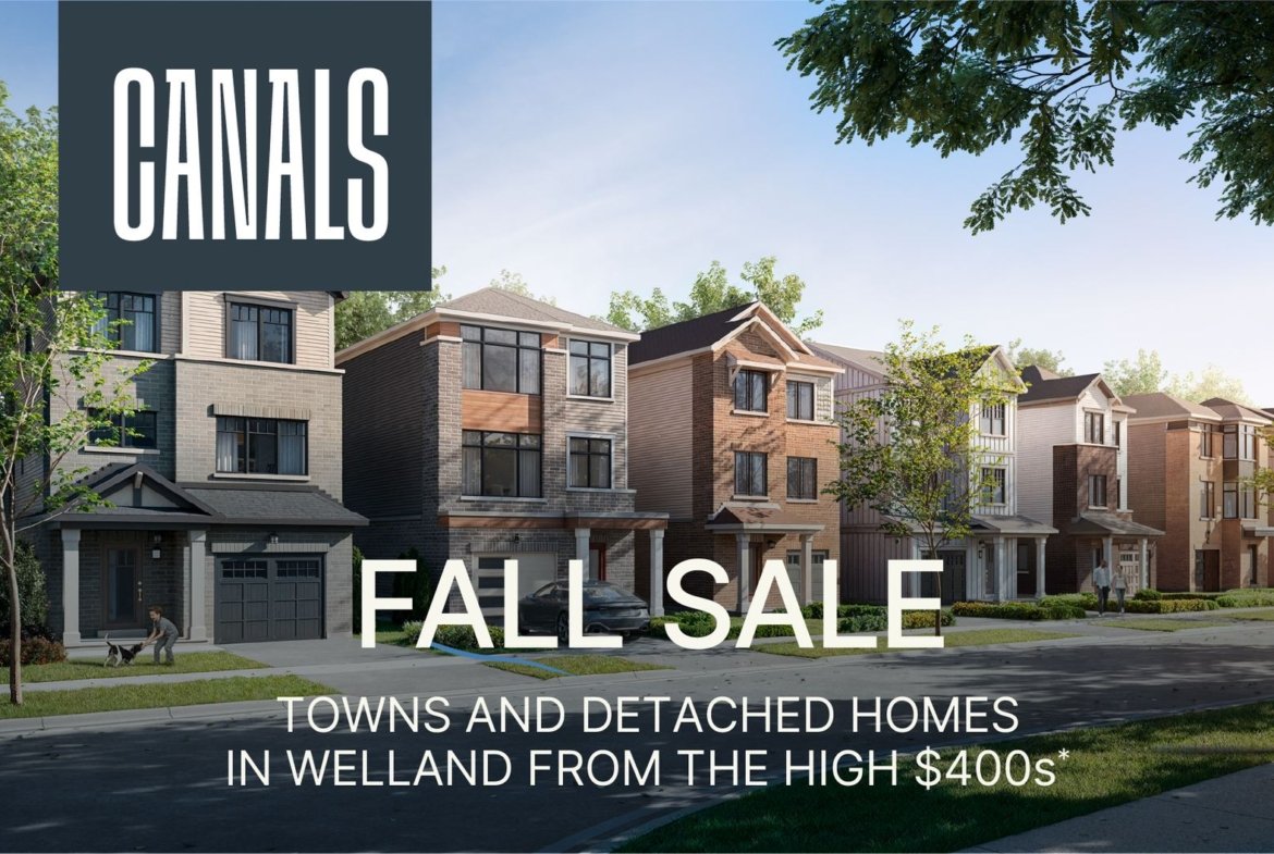 Empire Canals master-planned community streetscape architectural rendering on the Welland Canal in Welland Niagara Region