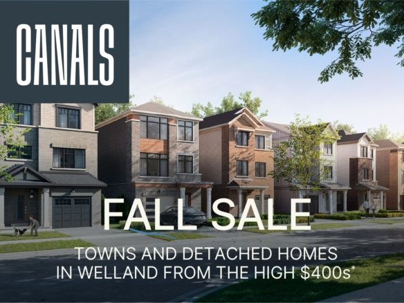 Empire Canals master-planned community streetscape architectural rendering on the Welland Canal in Welland Niagara Region