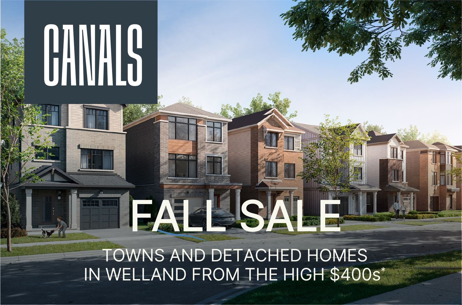 Empire Canals Welland | Empire Communities Hero Streetscape Empire Canals master-planned community streetscape architectural rendering on the Welland Canal in Welland Niagara Region