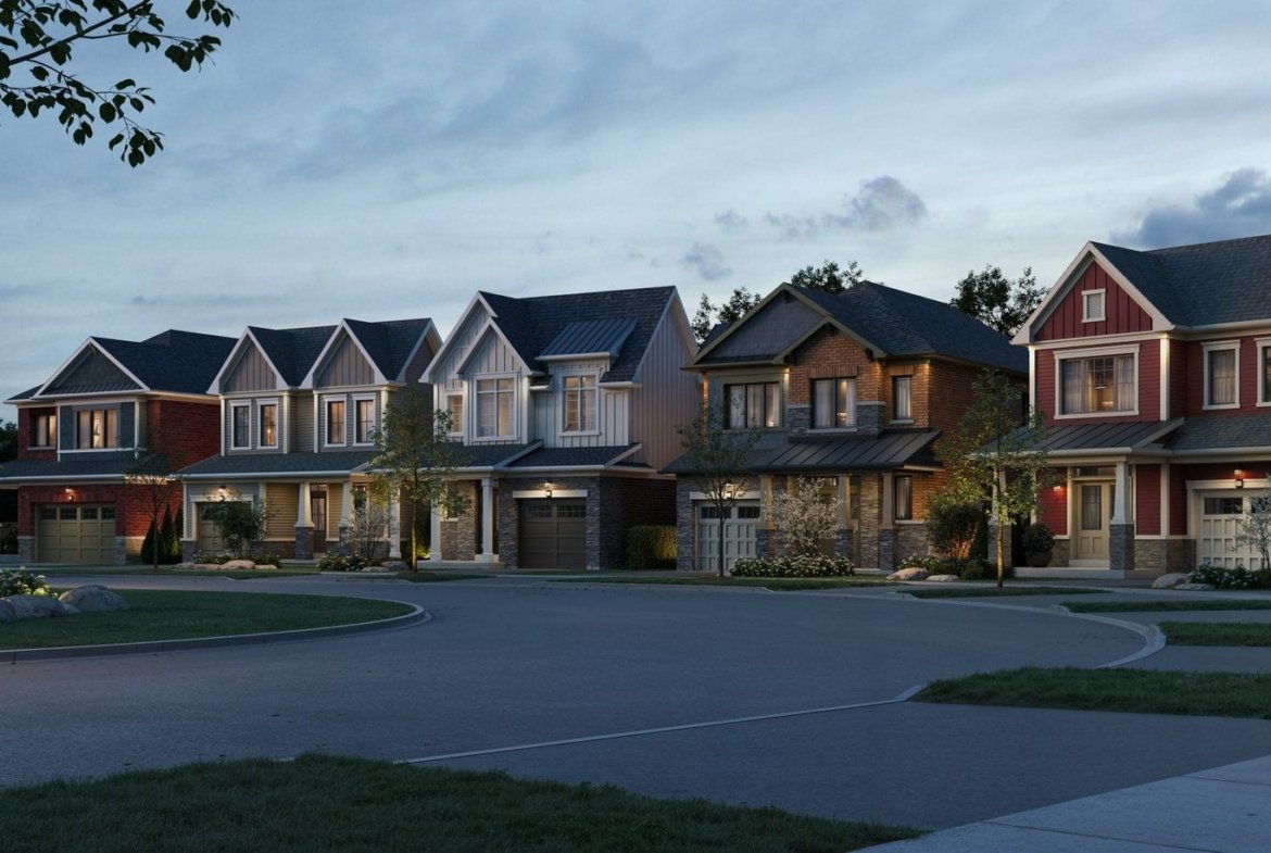 Completed single-family homes and peaceful family streetscape on Grose Crescent at Empire Legacy in Thorold