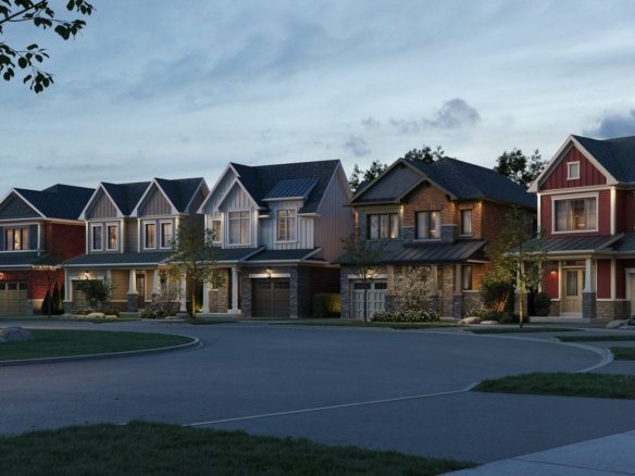 Completed single-family homes and peaceful family streetscape on Grose Crescent at Empire Legacy in Thorold