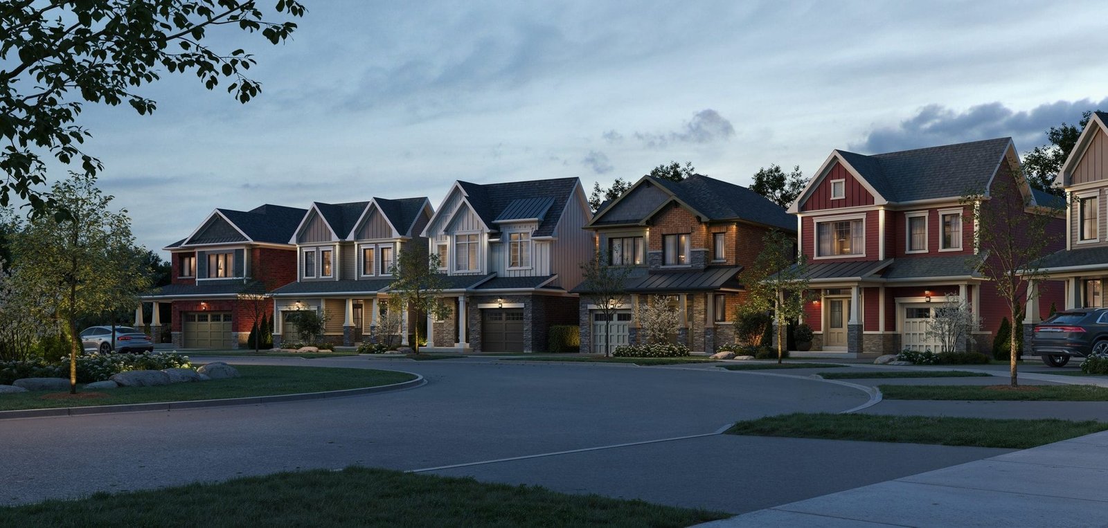 Completed single-family homes and peaceful family streetscape on Grose Crescent at Empire Legacy in Thorold