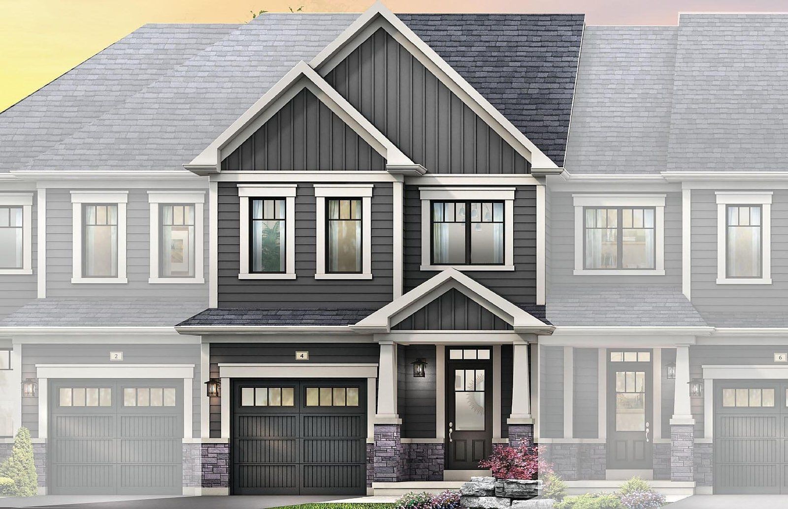 Empire Riverland Wallflower Townhomes Elevation A Traditional exterior architectural elevation A for freehold townhomes at Empire Riverland