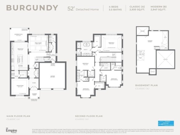 Detailed architectural layout and floor plan schematic for The Burgundy detached home at Empire St Davids Collection