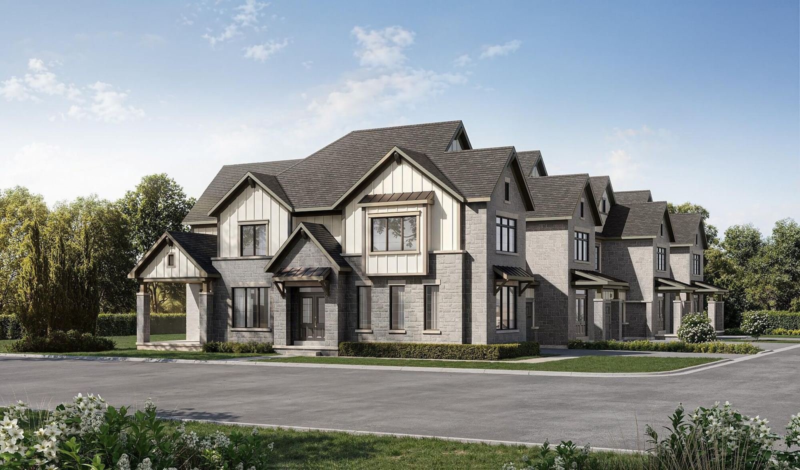 Classic architectural block exterior for the Navarra 29-foot corner executive townhome at Empire St Davids