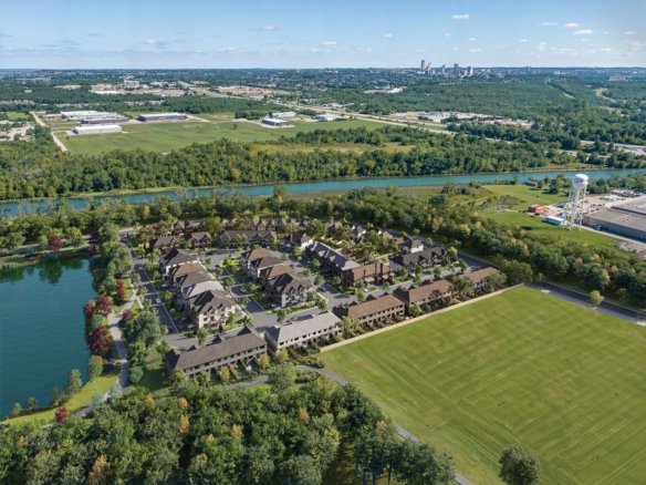 Empire Wellwood master-planned community scenic aerial rendering on the Welland River in Niagara Falls