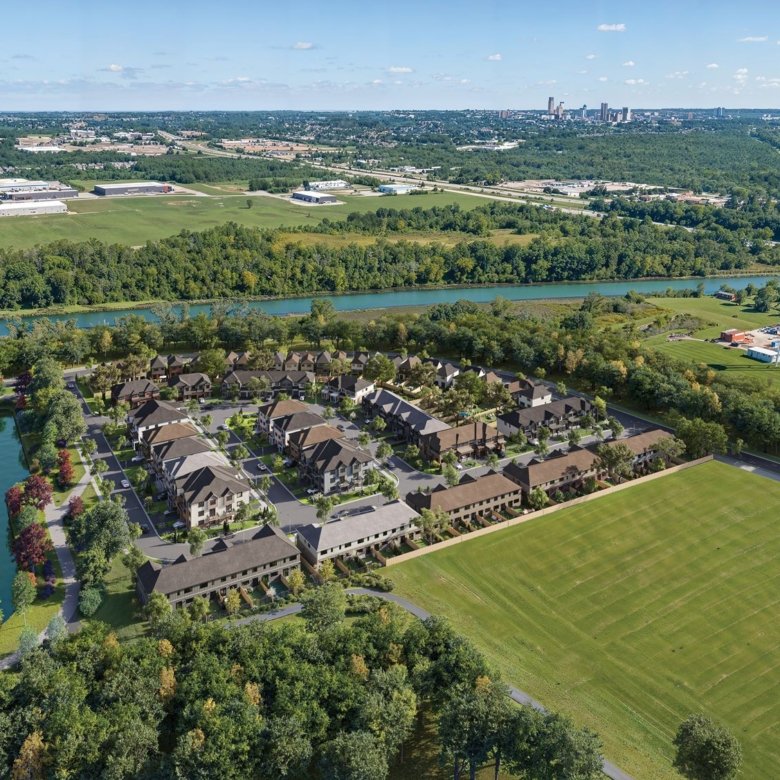 Empire Wellwood master-planned community scenic aerial rendering on the Welland River in Niagara Falls