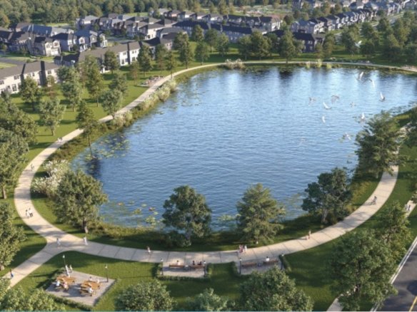 Aerial view of North Hill master-planned community and surrounding conservation land in Bolton